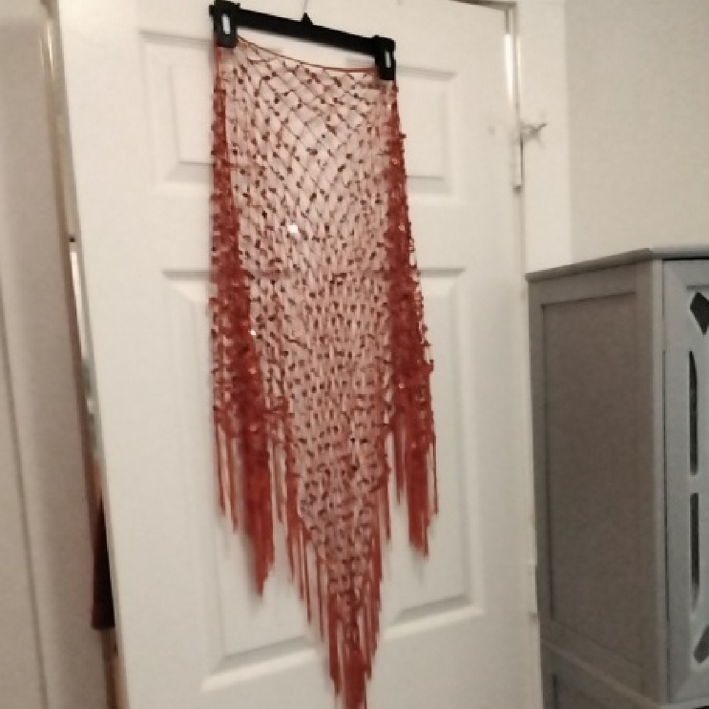 Red Sequin Fringed Shawl Scarf